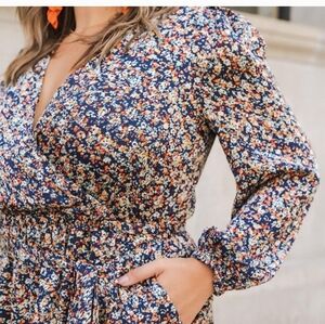 Caralyn Mirand The Drop Blue Floral Long Sleeve Faux Wrap Dress. Medium